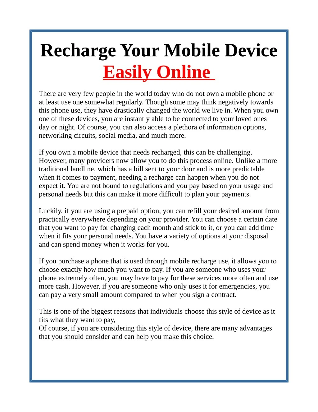 recharge your mobile device easily online