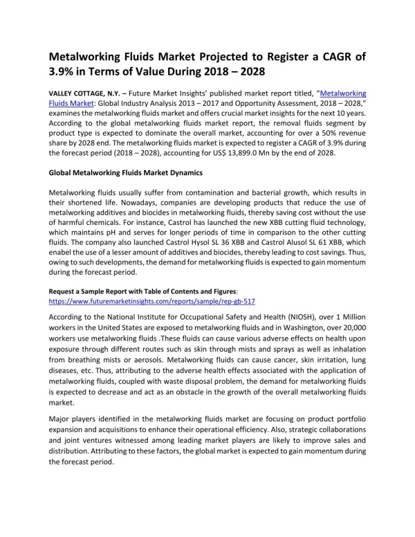 Metal Working Fluids Market: Global Industry Analysis, Size and Forecast, 2018 to 2028