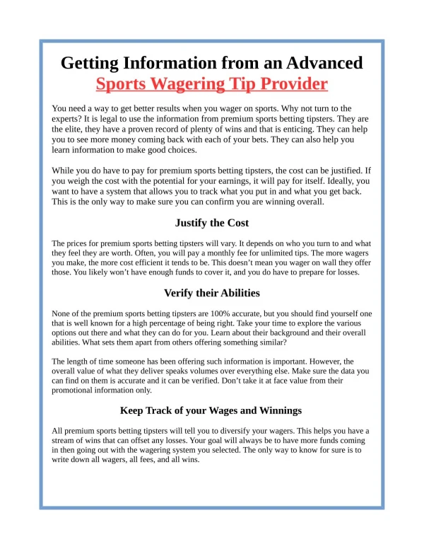 Getting Information from an Advanced Sports Wagering Tip Provider