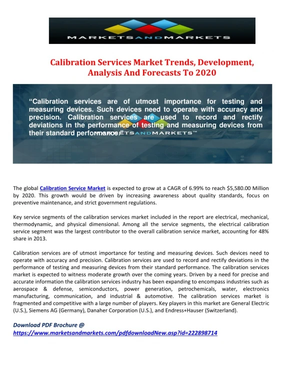 Calibration Services Market Trends, Development, Analysis And Forecasts To 2020