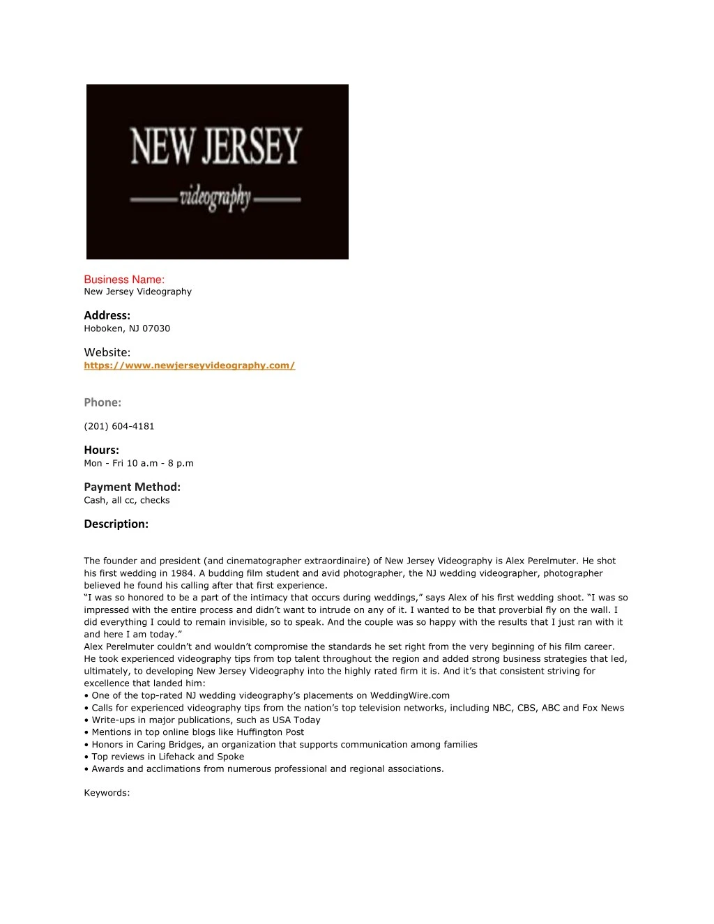 business name new jersey videography address