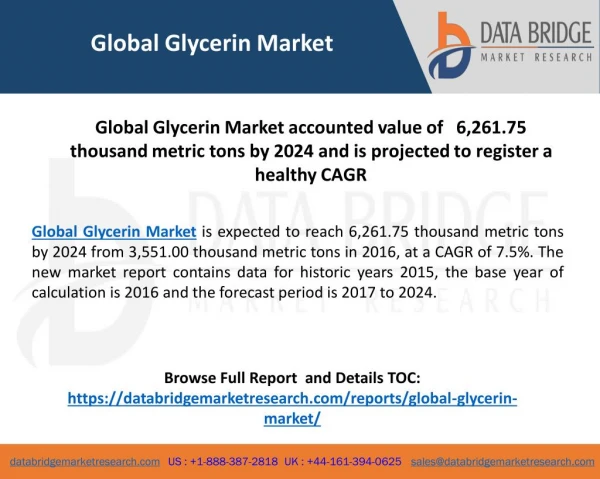 Global Glycerin Market Size & Forecast by Product,Grade,Source and Application 2017-2024