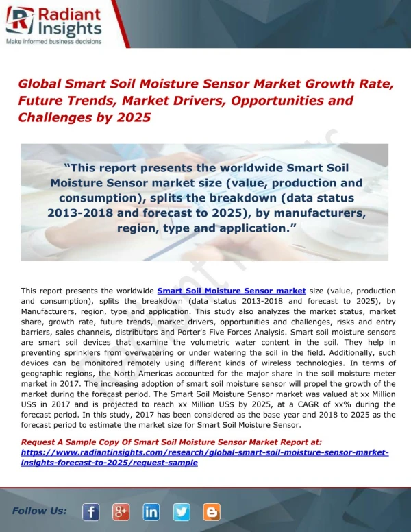 Global Smart Soil Moisture Sensor Market Growth Rate, Future Trends, Market Drivers, Opportunities and Challenges by 202