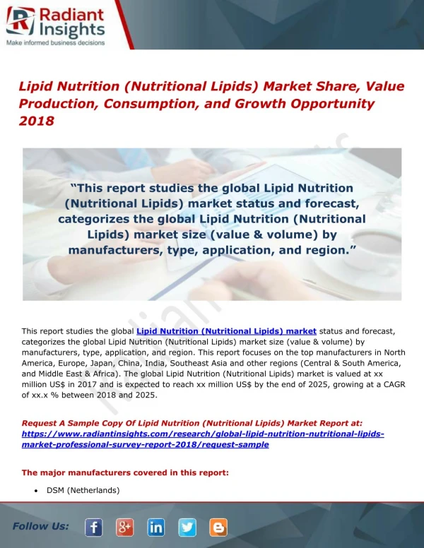 Lipid Nutrition (Nutritional Lipids) Market Share, Value Production, Consumption, and Growth Opportunity 2018