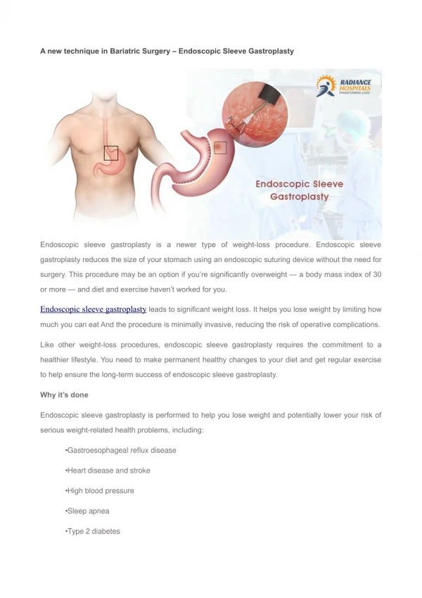 A new technique in Bariatric Surgery – Endoscopic Sleeve Gastroplasty