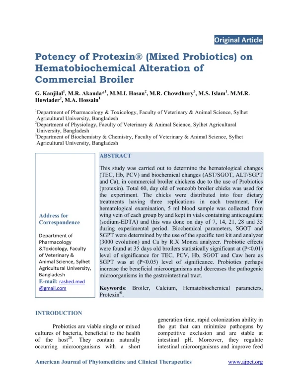 Potency of Protexin (Mixed Probiotics) on Hematobiochemical Alteration of Commercial Broiler