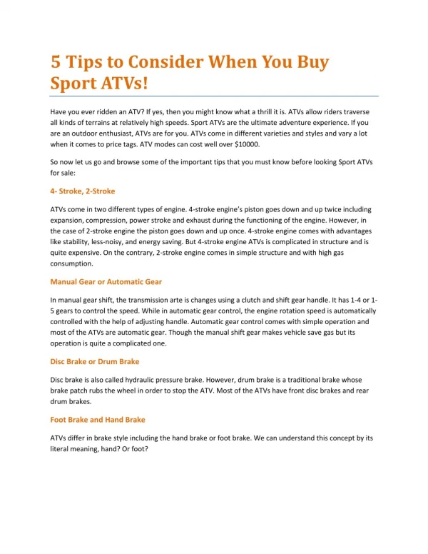 5 Tips to Consider When You Buy Sport ATVs
