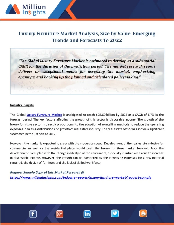 Luxury Furniture Market Analysis, Size by Value, Emerging Trends and Forecasts To 2022