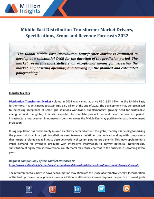 Middle East Distribution Transformer Market Drivers, Specifications, Scope and Revenue Forecasts 202