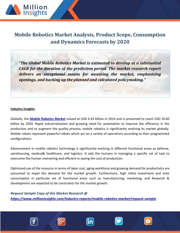 Mobile Robotics Market Analysis, Product Scope, Consumption and Dynamics Forecasts by 2020