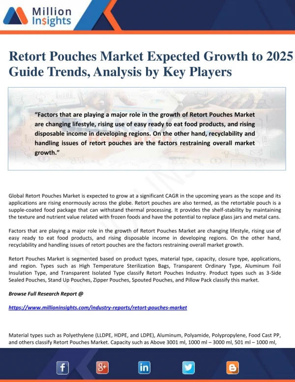 Retort Pouches Market Expected Growth to 2025 to Guide Trends, Analysis by Key Players