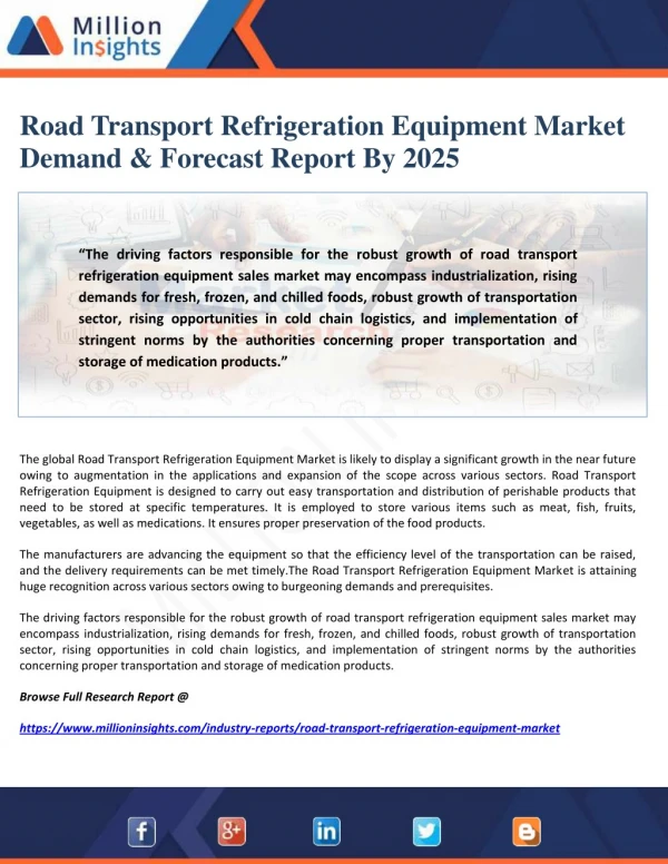 Road Transport Refrigeration Equipment Market Demand & Forecast Report By 2025