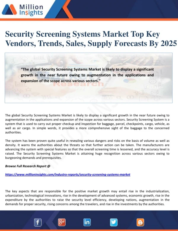 Security Screening Systems Market Top Key Vendors, Trends, Sales, Supply Forecasts By 2025