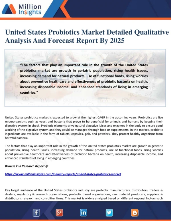 United States Probiotics Market Detailed Qualitative Analysis And Forecast Report By 2025