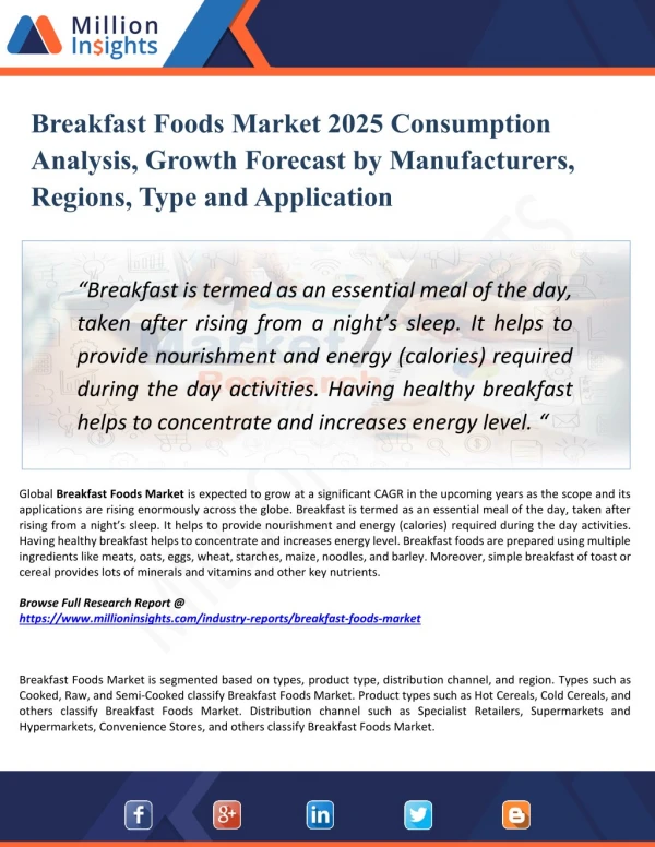 Breakfast Foods Market 2025: Report Focusing on Opportunities, Top Players, Revenue, Market Driving Factors, & Challenge