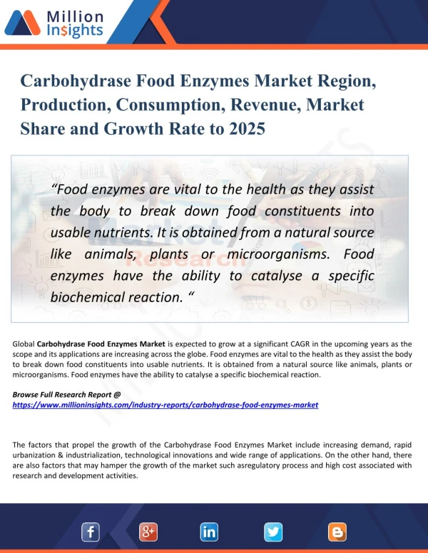 Carbohydrase Food Enzymes Market Business Overview, Production, Consumption, By Players, Forecast To 2025