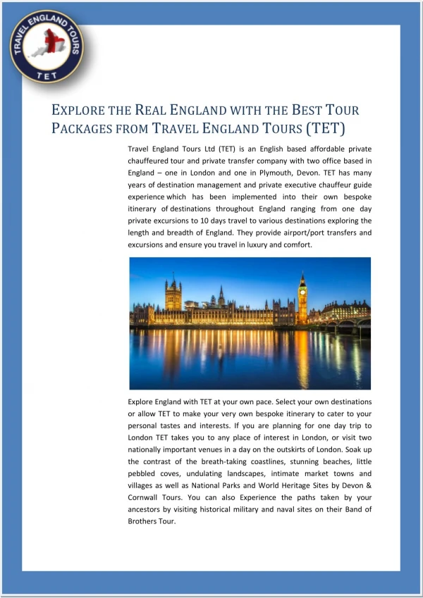 Explore the real england with the best tour packages from travel england tours (tet)