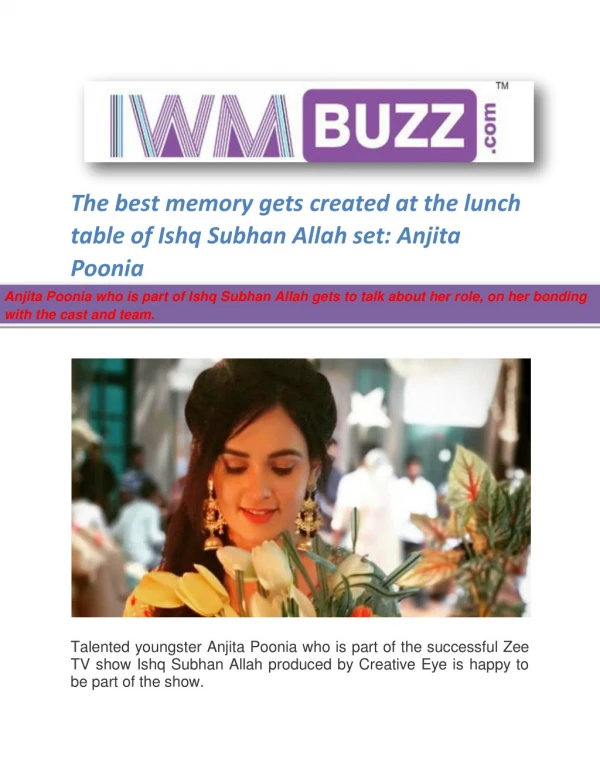 The best memory gets created at the lunch table of Ishq Subhan Allah set: Anjita Poonia