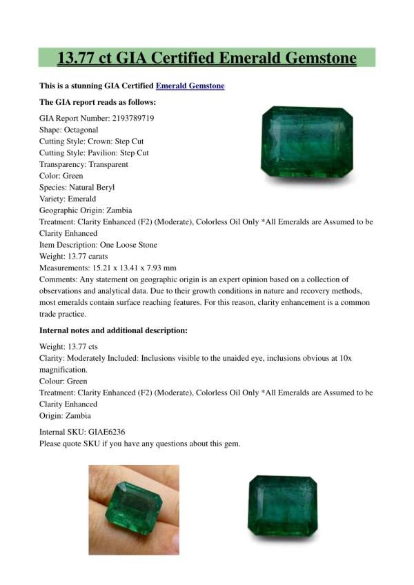 13.77 ct GIA Certified Emerald Gemstone