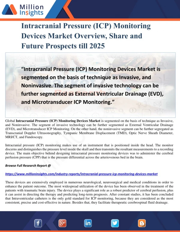 Intracranial Pressure (ICP) Monitoring Devices Market Overview, Share and Future Prospects till 2025