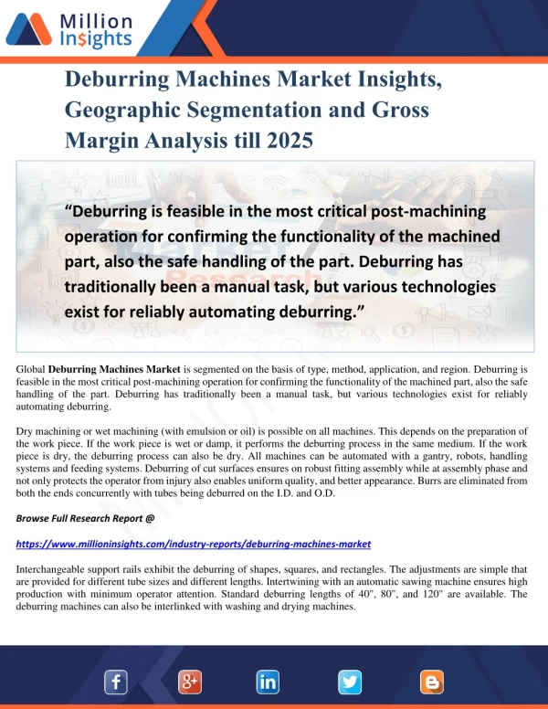 Deburring Machines Market Insights, Geographic Segmentation and Gross Margin Analysis till 2025