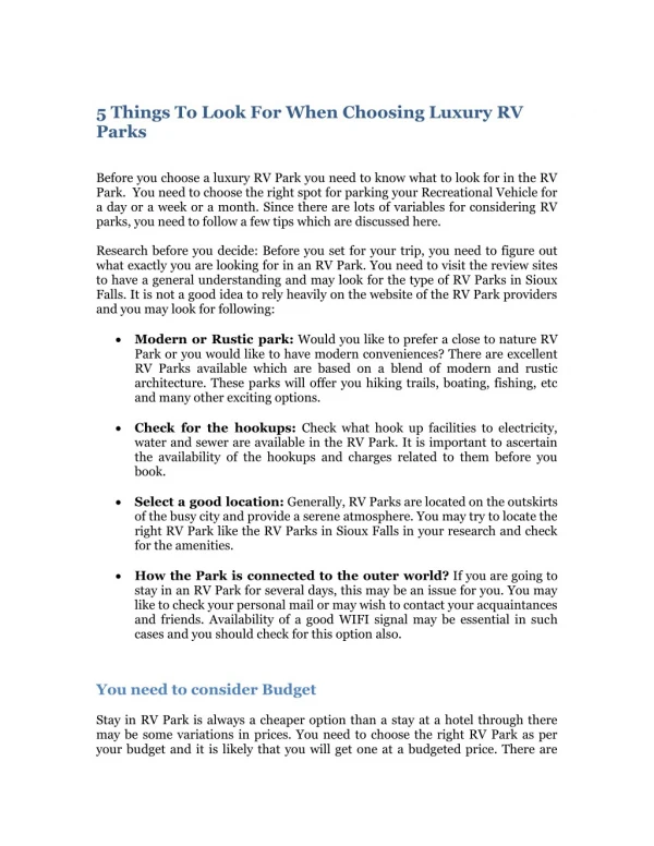5 Things To Look For When Choosing Luxury RV Parks