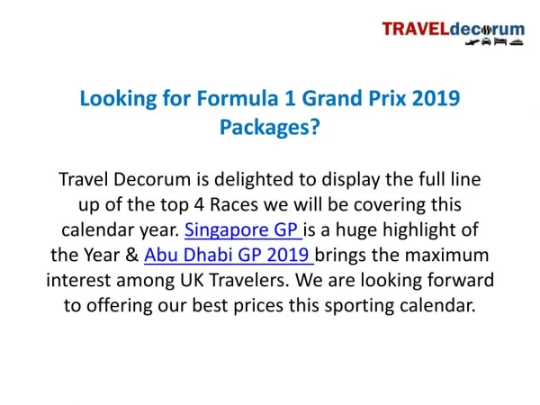 Formula 1 Travel Holidays Packages