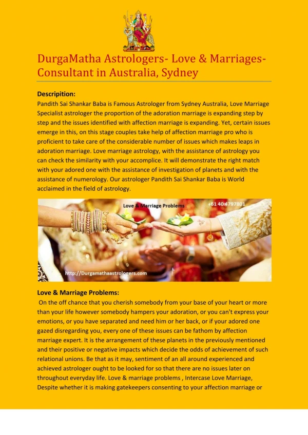 DurgaMatha Astrologers- Love & Marriages Problems- Consultant in Australia, Sydney