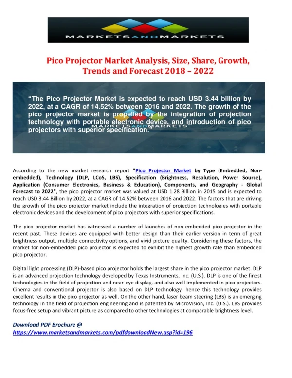 Pico Projector Market Analysis, Size, Share, Growth, Trends and Forecast 2018 – 2022