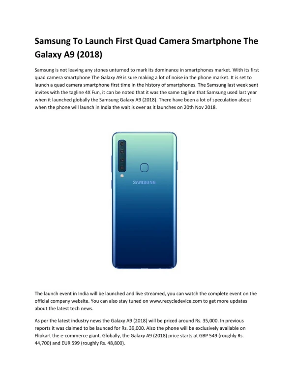 Samsung To Launch First Quad Camera Smartphone The Galaxy A9 (2018)