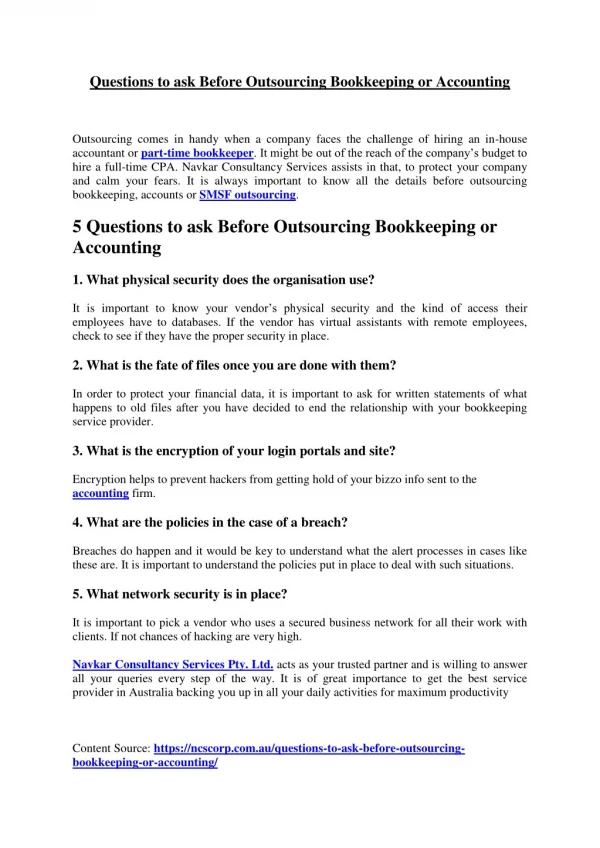 Questions to ask Before Outsourcing Bookkeeping or Accounting