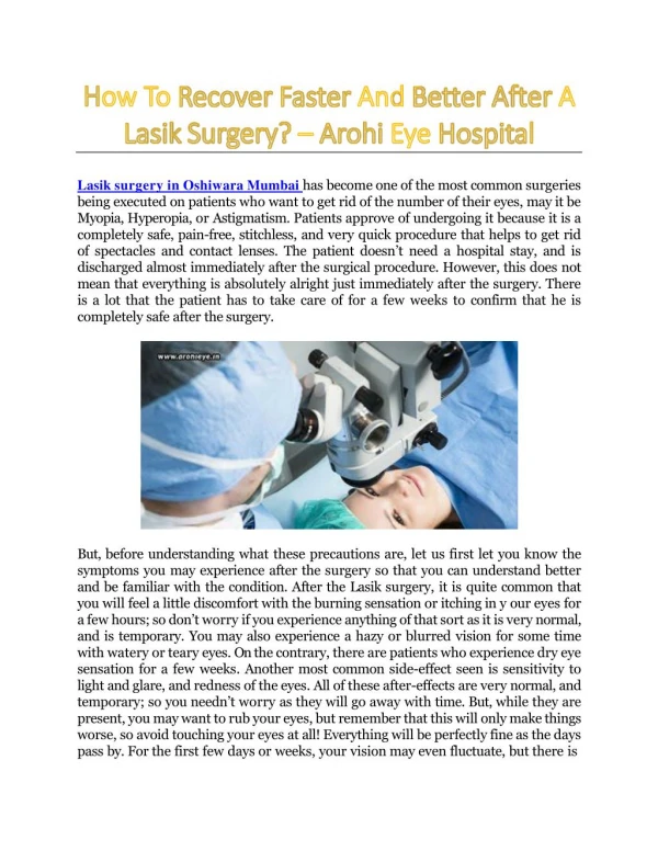 How To Recover Faster And Better After A Lasik Surgery? - Arohi Eye Hospital