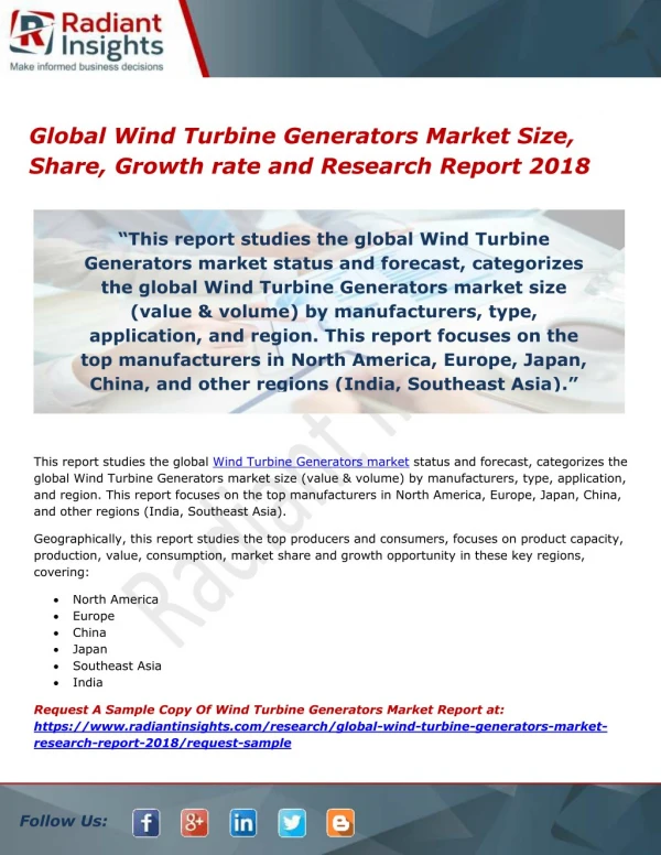 Global Wind Turbine Generators Market Size, Share, Growth rate and Research Report 2018