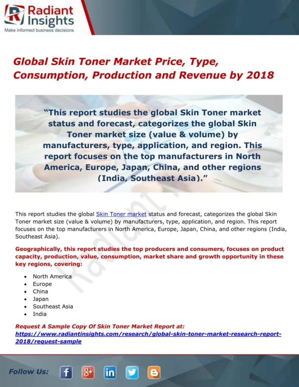 Global Skin Toner Market Price, Type, Consumption, Production and Revenue by 2018