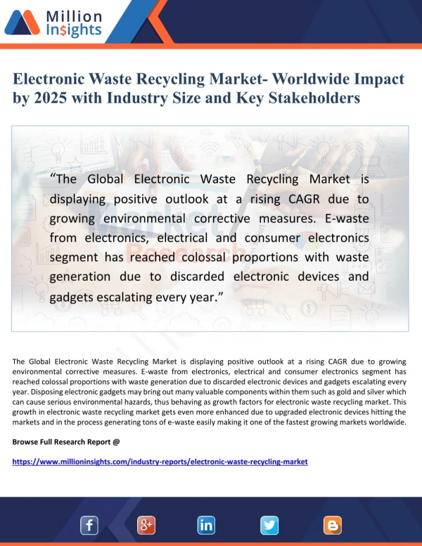 Electronic Waste Recycling Market- Worldwide Impact by 2025 with Industry Size and Key Stakeholders