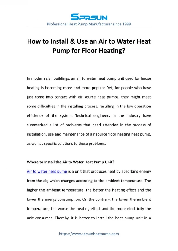 How to Install & Use an Air to Water Heat Pump for Floor Heating?