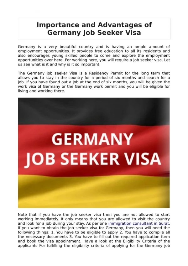 Importance and Advantages of Germany Job Seeker Visa