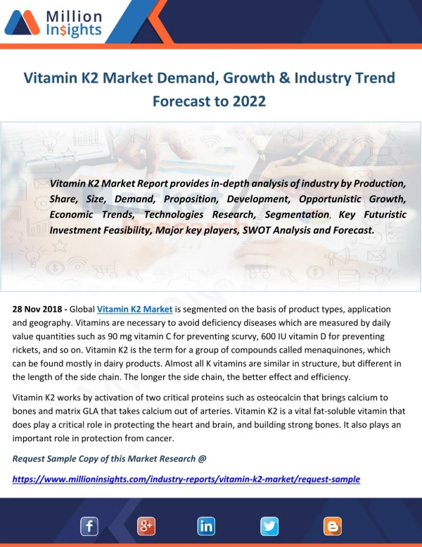 Vitamin K2 Market Demand, Growth & Industry Trend Forecast to 2022