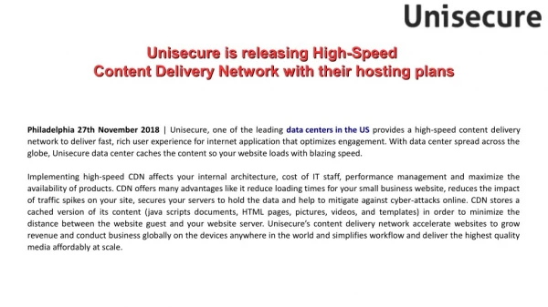 Unisecure is releasing High-Speed Content Delivery Network with their hosting plans