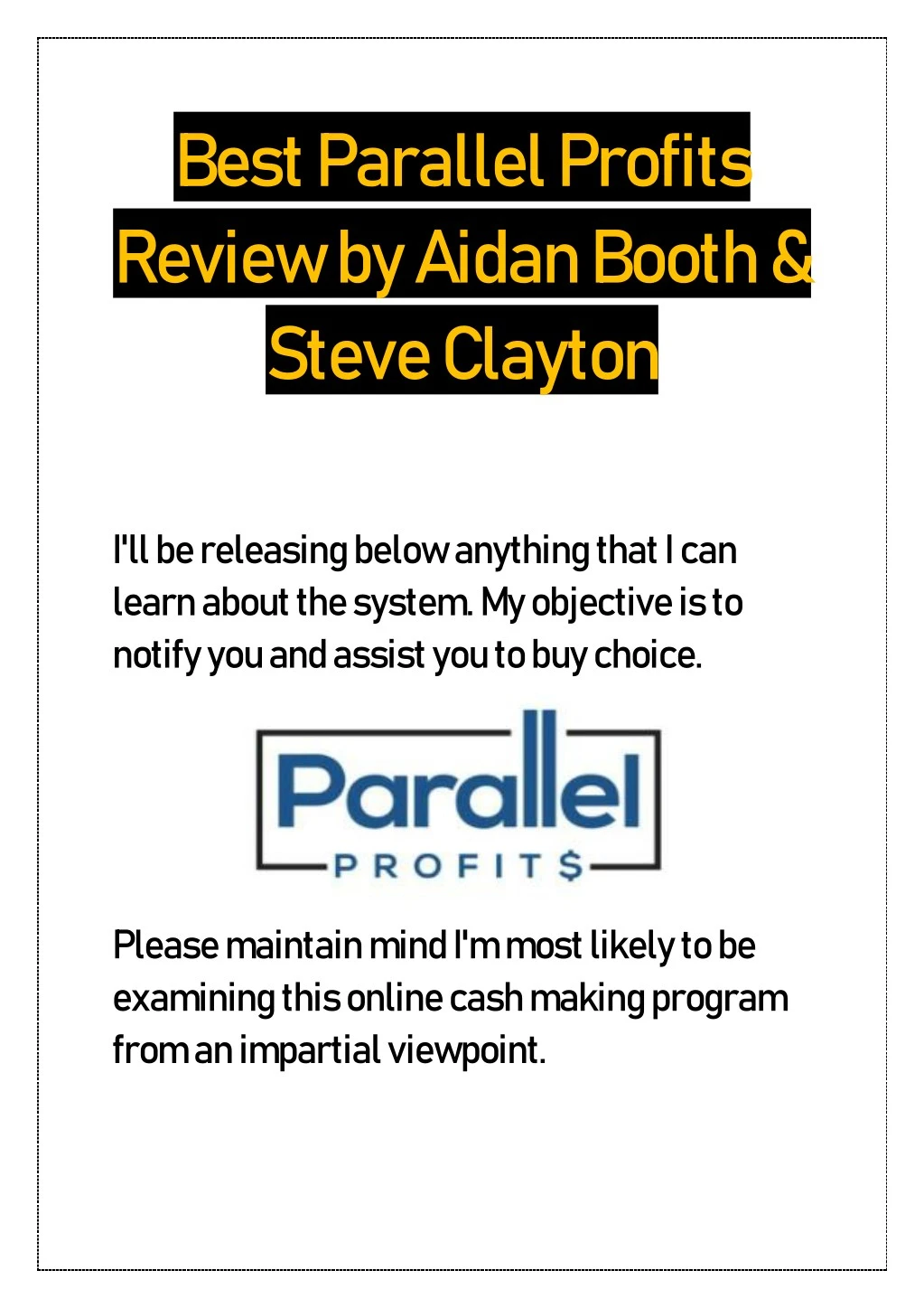 best parallel profits review by aidan booth steve