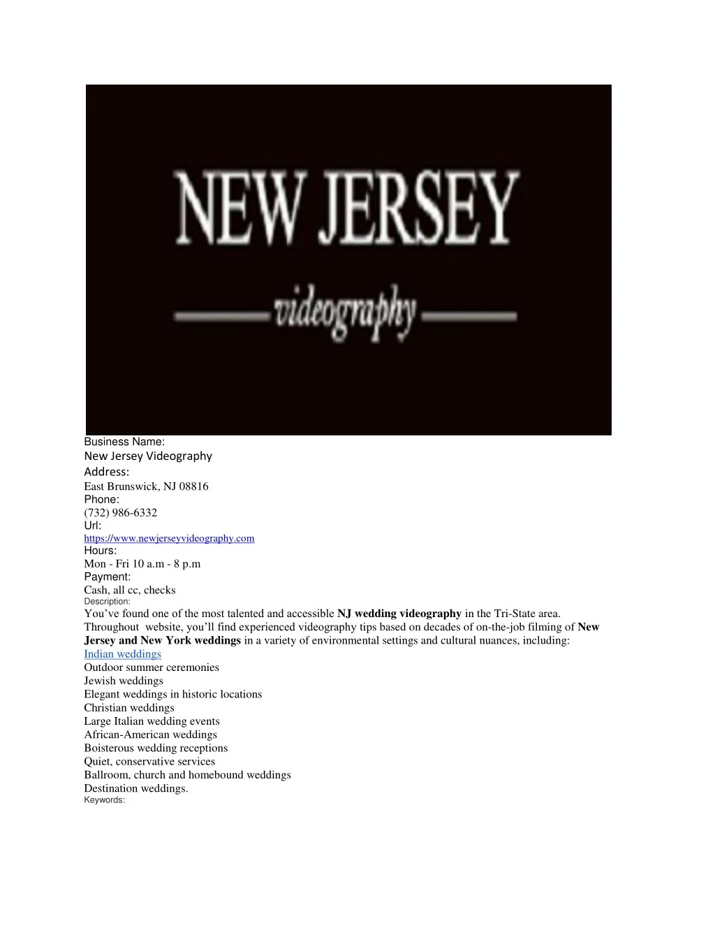 business name new jersey videography address east