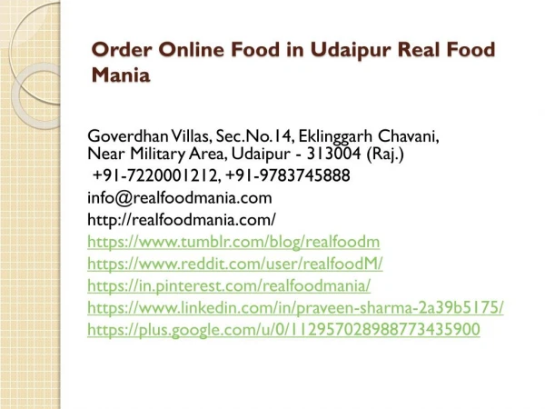 Order Online Food in Udaipur Real Food Mania