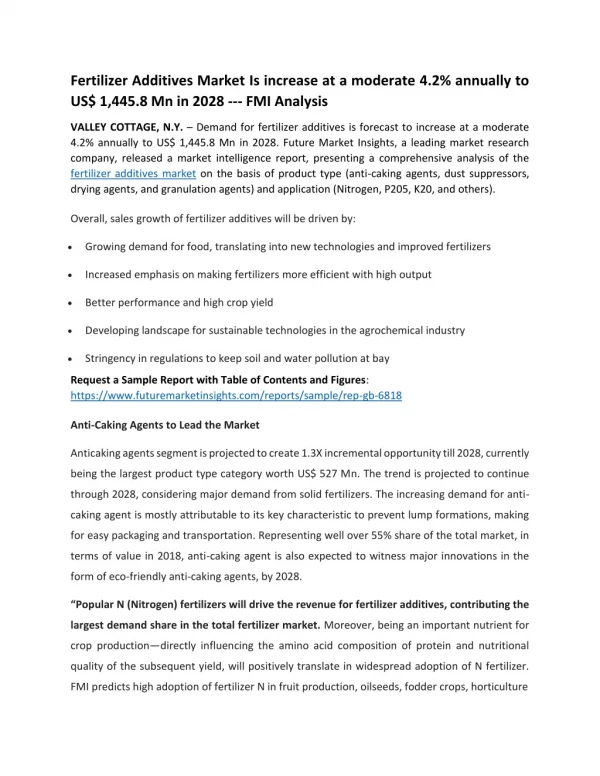 Fertilizer Additives MarketIs increase at a moderate 4.2% annually to US$ 1,445.8 Mn in 2028---FMI Analysis