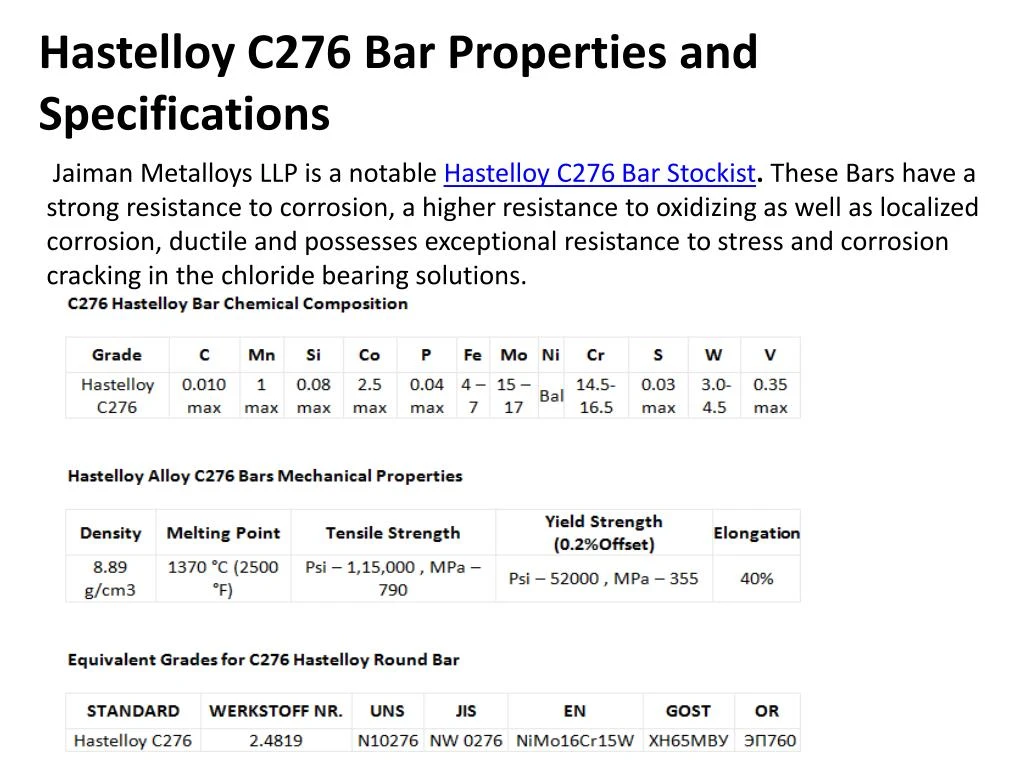 hastelloy c276 bar properties and specifications