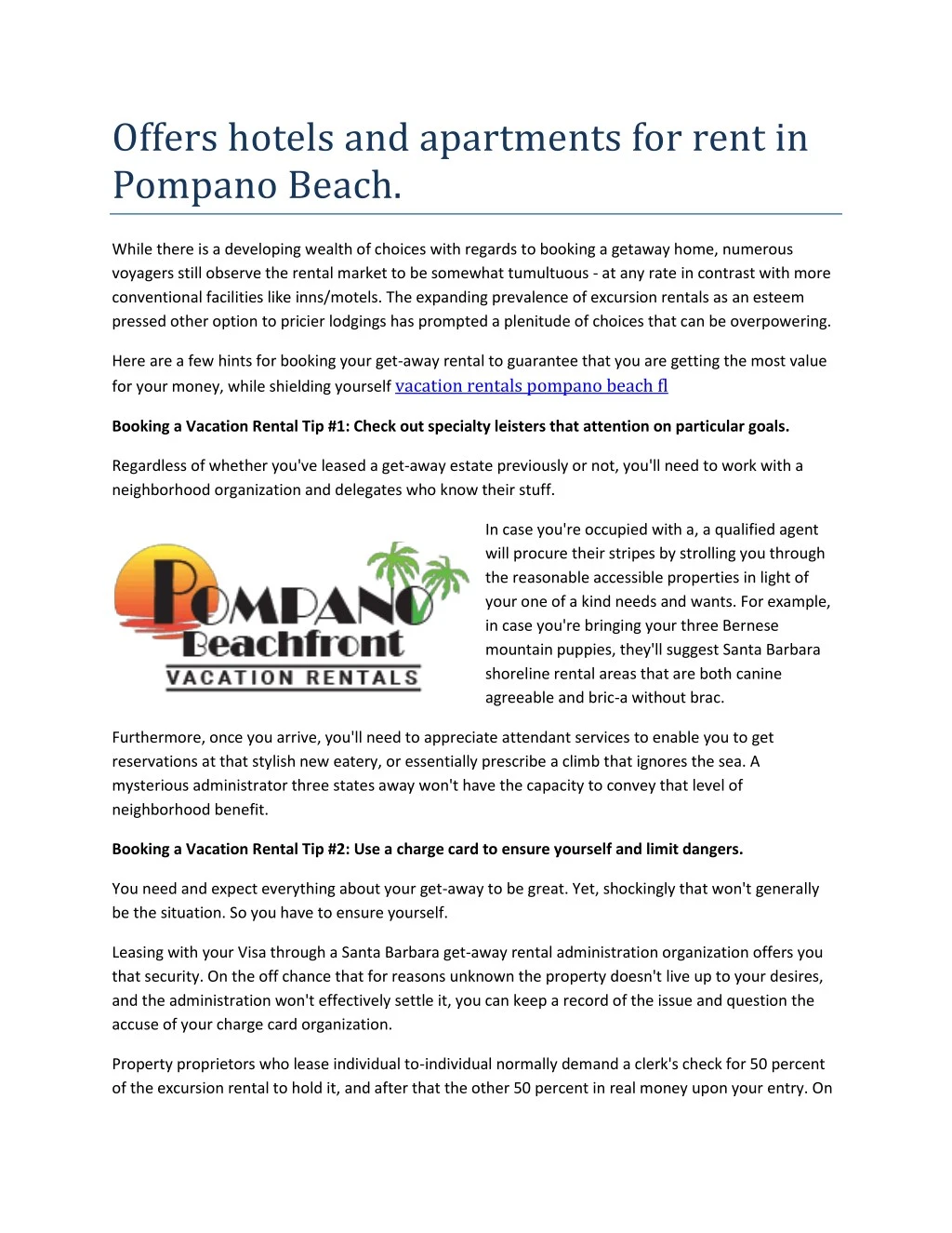 offers hotels and apartments for rent in pompano