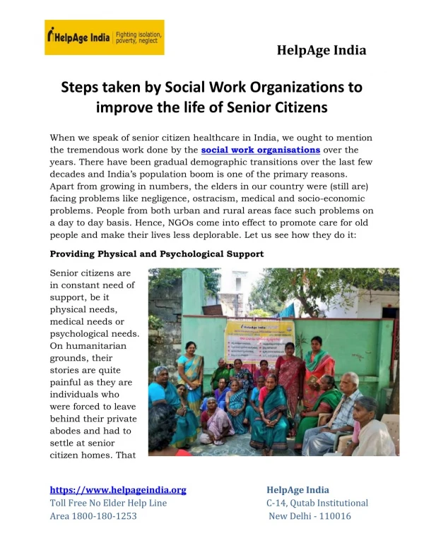Steps taken by Social Work Organizations to improve the life of Senior Citizens