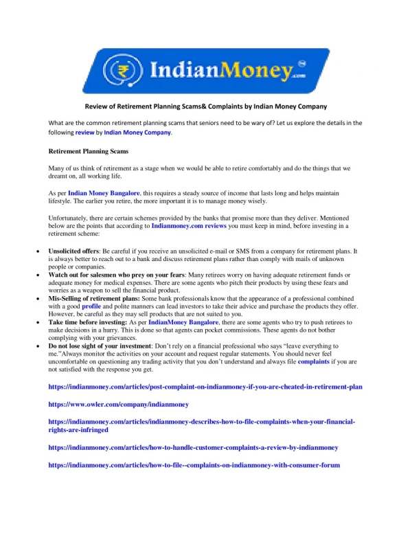 Review of Retirement Planning Scams & Complaints by Indian Money Company