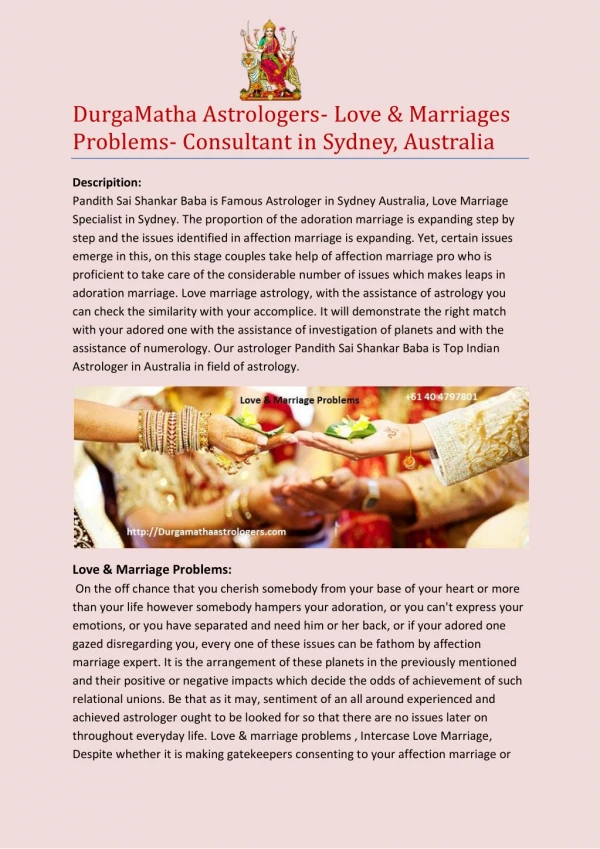 DurgaMatha Astrologers- Love & Marriages Problems- Consultant in Sydney, Australia