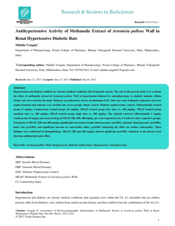 Antihypertensive Activity of Methanolic Extract of Artemisia pallens Wall in Renal Hypertensive Diabetic Rats