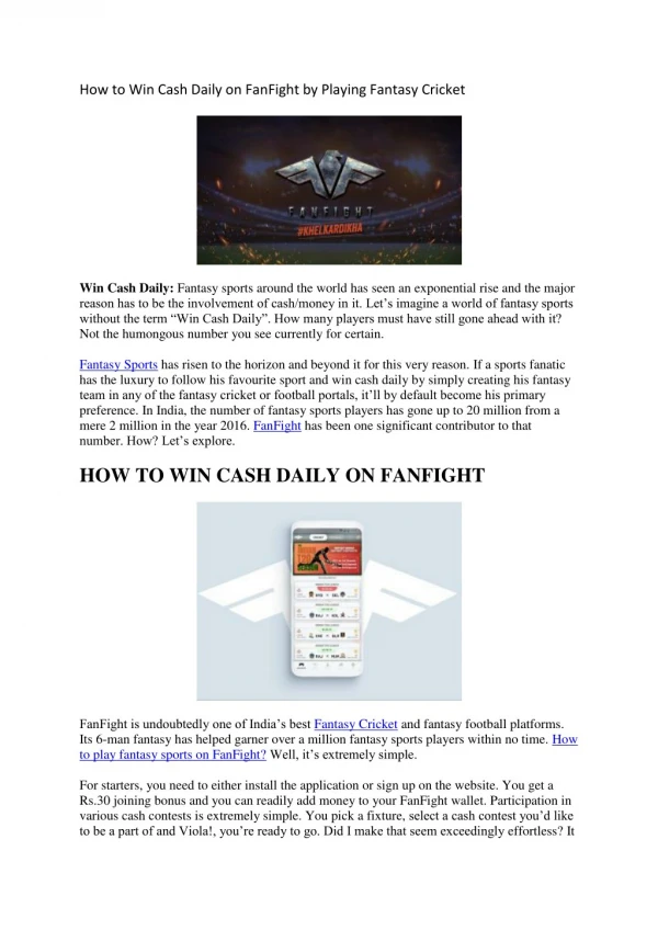 How to Win Cash Daily on FanFight by Playing Fantasy Cricket